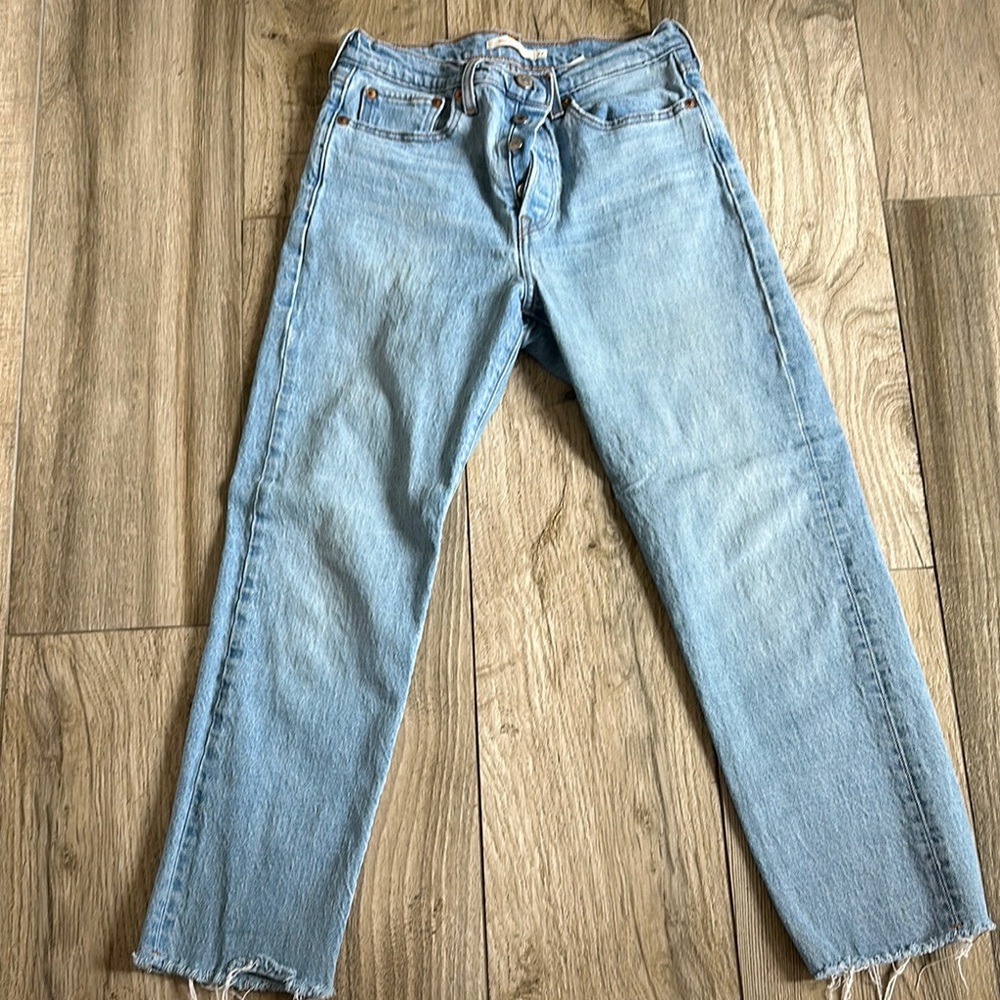 Levi's Blue Straight Leg Jeans with Distressed Hem